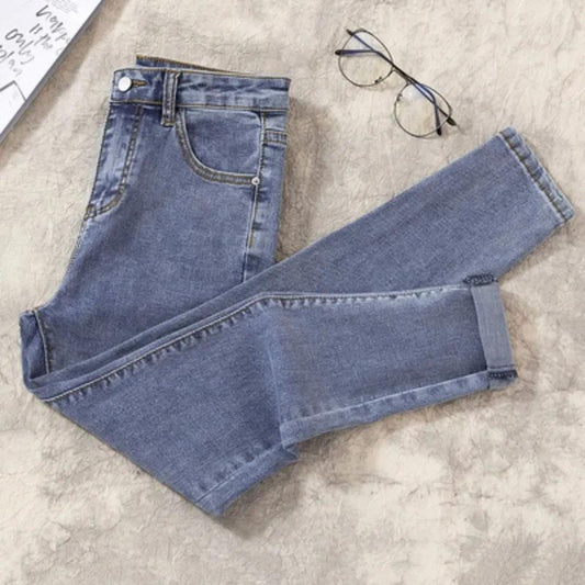 Women's Spring and Autumn High Elastic Light Blue Jeans Korean Version High Waist Slim Tights Black Skinny Pants Student Pencil Pants Denim Jeans
