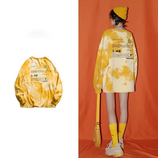 Autumn Sweater Women Korean Tie-dye Long-sleeved Printing Mid-length Round Neck T-shirt Top Bottoming Shirt