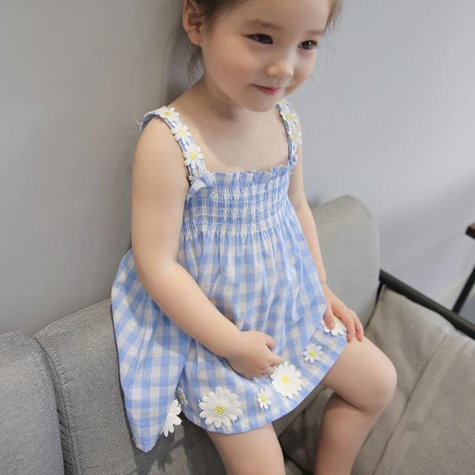Children Dress Girls' Summer Thin Dress Suspender Dress Plaid Off Shoulder Chrysanthemum Princess Dress Ruffle