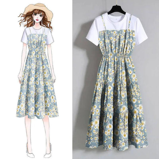 Women Summer Elegant Dress Vintage Slim Short Sleeve High Waist Chiffon Floral Printed Versatile Mid-length Dress