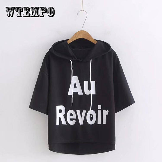 Hooded Letter Print T-shirt Casual Harajuku T Shirt Women Pron Print Short-sleeve Tshirt