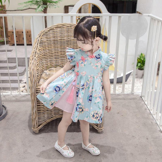 Girls Cheongsam Skirt Summer Dress Baby Girl Summer Style Hanfu Tang Suit Children Foreign Style Flying Sleeve Dress