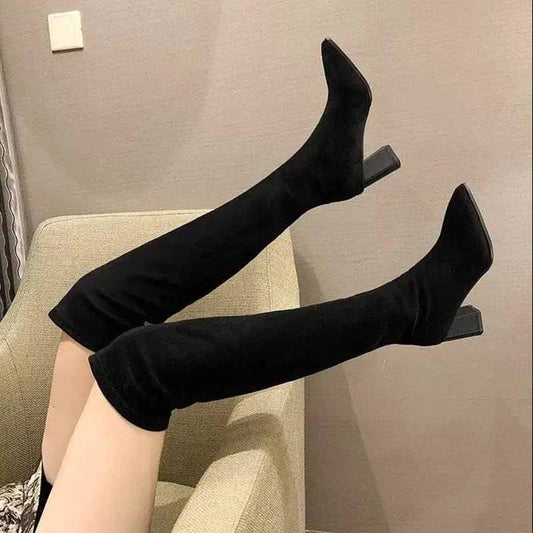 Over-the-knee Boots Women's Pointed Suede Boots Autumn and Winter High-heeled Thick-heel Stretch Stovepipe Boots