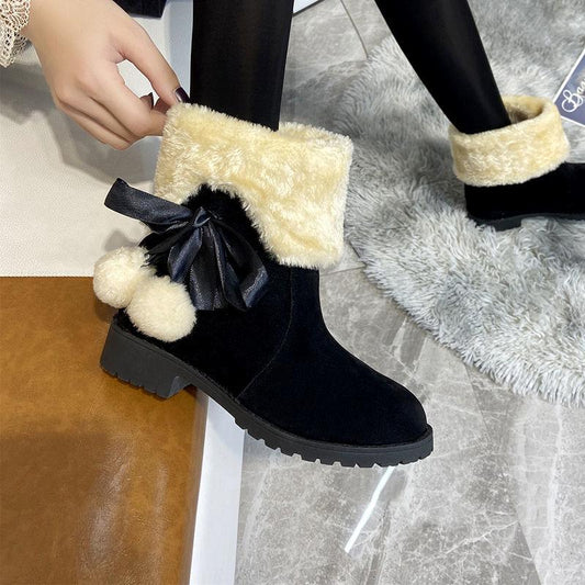 Winter Korean Style Snow Boots Women's Shoes Short Tube Plus Velvet Warm Flat-bottomed Flat-heeled Cotton Shoes