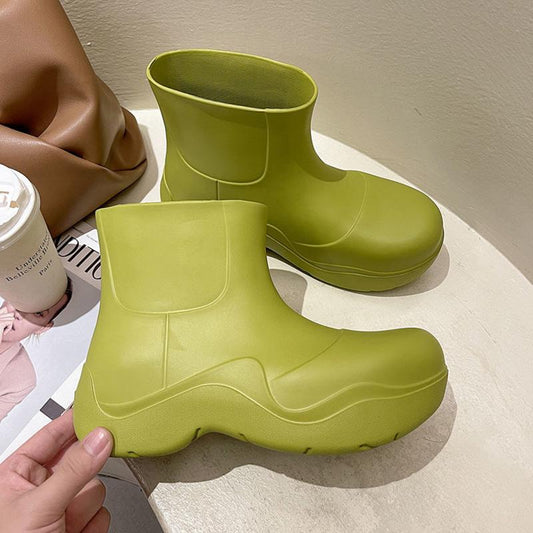 Rain Boots Women's Fashion Outer Wear Avocado Green Thick-soled Increased Anti-skid Water Shoes Short Tube Rain Boots
