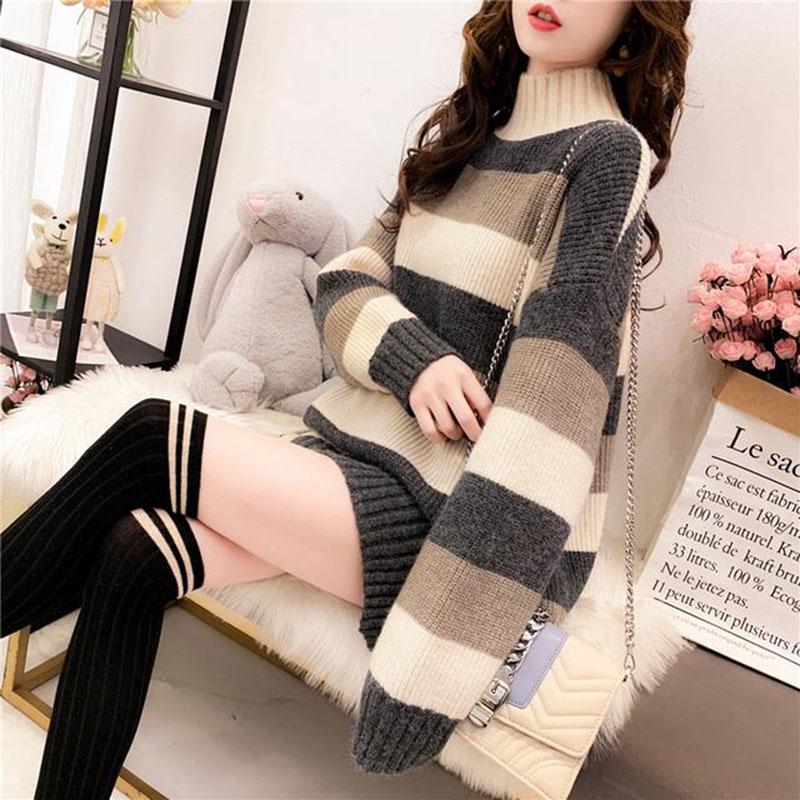 Women's Striped Turtleneck Sweater Long Sleeves Loose Mid-length Pullover Sweater Jumper