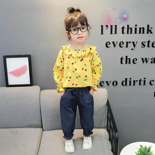 Girls Spring and Autumn Pullover Long-sleeved Breathable Suit Ruffled Neckline Cute Floral Casual Style Sports Two-piece Suit