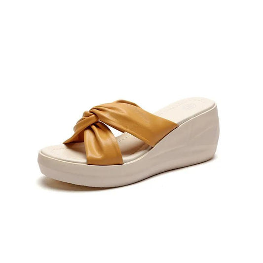 Wedge Heel Slippers Women's Platform Sandals Cross Bow Summer All-match PU Shoes High Heel Flip Flops Vintage Temperament Slippers Casual Beach Wear