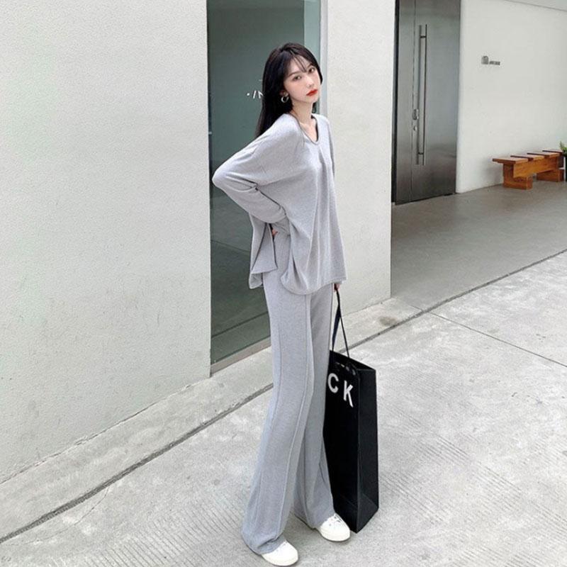 2PCS Women's Autumn Split Mid-Length Suit Casual Wide Long Sleeve Casual Sports Suit Loose Long Sleeve + High Waist Wide Leg Pants Two Piece Suit