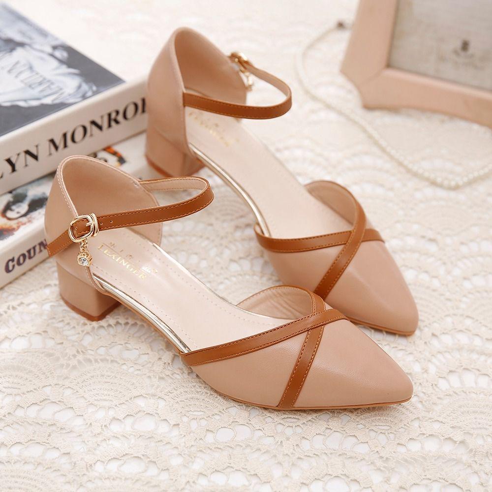 Baotou Sandals Female 2020 Spring and Summer Word Buckle Thick Heel with Wild Matching Color Matching Korean Pointed Single Shoes Women