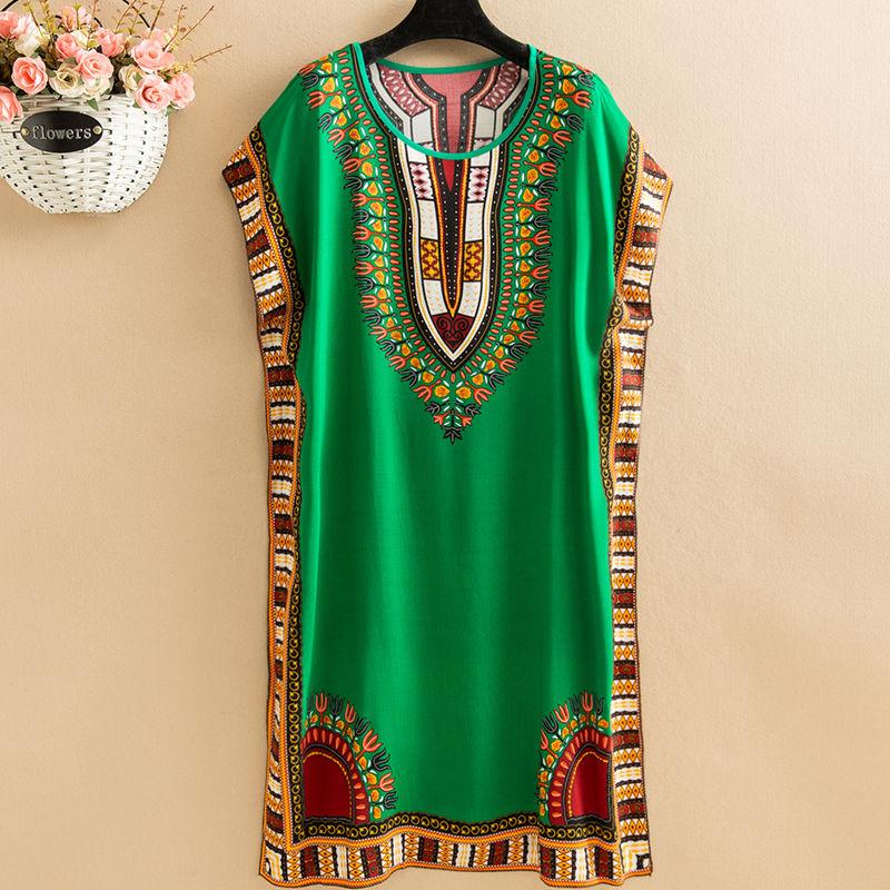 Summer Ethnic Print Dress Round Neck Cotton and Linen short Sleeve Loose Mid-length Vest Skirt Daily Thin