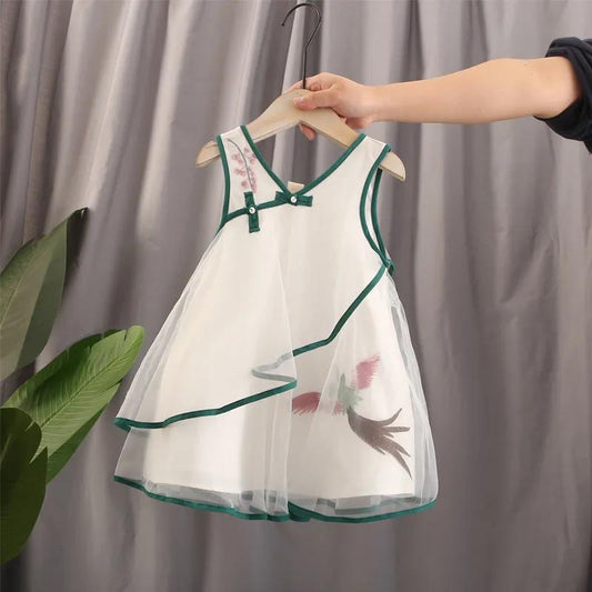 Girls Dress Temperament Cheongsam Mesh Princess Skirt Chinese Style Baby Vest Skirt Sleeveless Round Neck A-line Skirt
