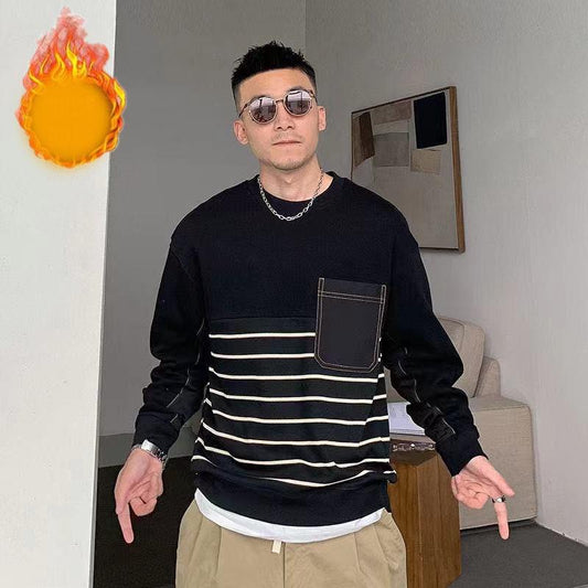 Autumn and Winter Men's Round Neck Stitching Striped Sweater Long-sleeved Loose Jacket Casual Thick Warm Top