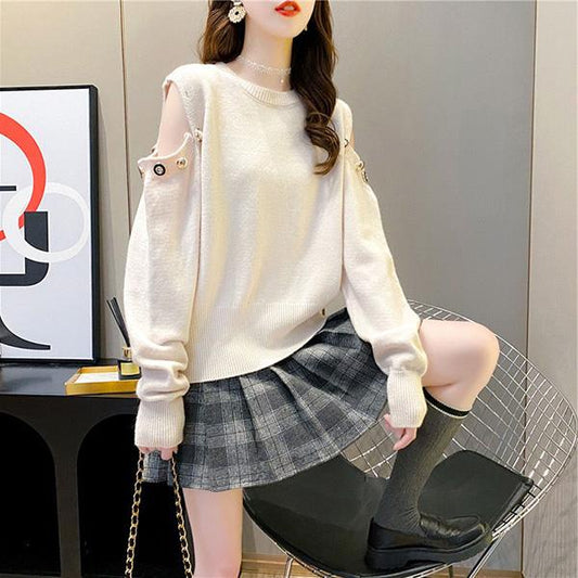 Off-the-shoulder Two-wear Pullover Solid Color Loose Knit Sweater Women's College Style Round Neck Top