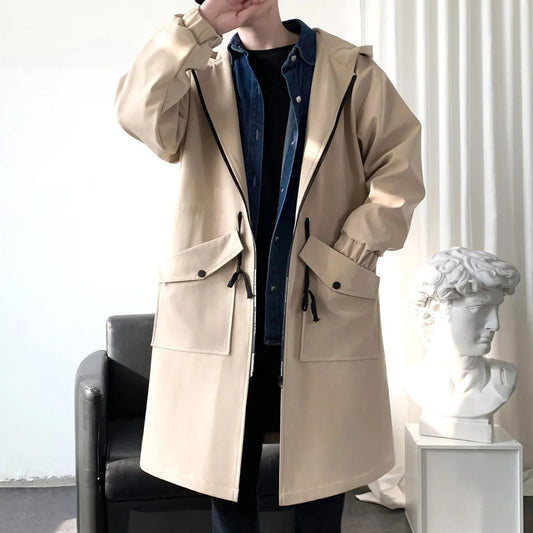 Spring Waterproof Jacket Men Hooded Windbreaker Solid Color Trend Coat Casual Loose Comfortable Parka Long
