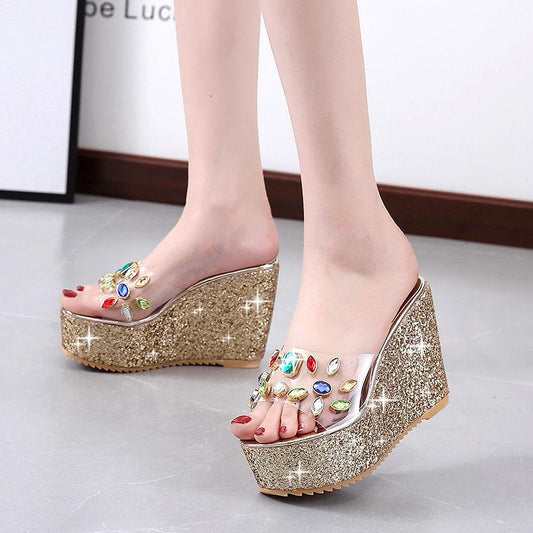 Slippers Women's Wedge Heel High-heeled Sandals Slippers Women's Summer Super High-heeled Rhinestone Sequins Transparent Platform Slippers