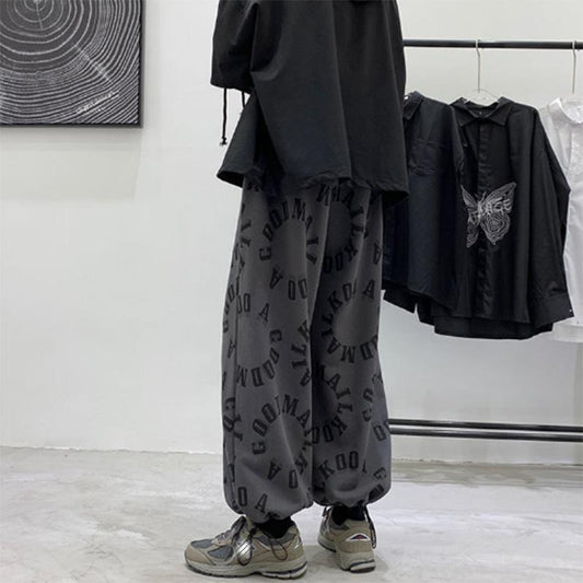 Casual Pants Men's Letters Full Print Loose Wide-leg Drawstring Sports Pants Leggings Men's Trend All-match