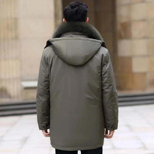 Down Jacket Men's Mid-length Thick Fox Fur Collar Winter Warm Hooded Jacket