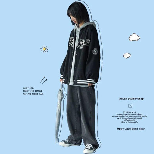 Hooded Sweater Student Loose Cardigan Baseball Uniform Jacket Zipper Jacket Women