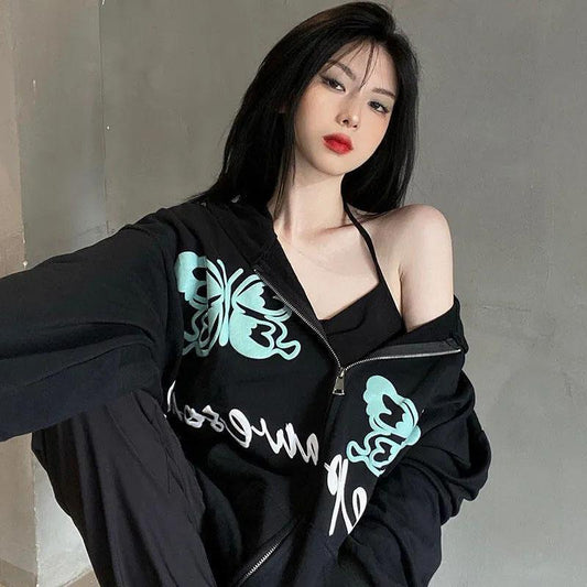 Women's Oversize Hooded Sweater Spring and Autumn Thin Section High Street Casual Cardigan Coat Girls Personality Butterfly Print Jacket