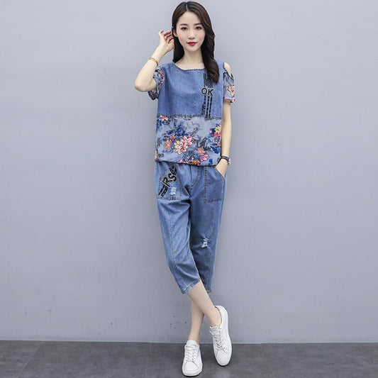 WTEMPO Denim Suit Women's Plus Size 2pcs Suit Spring and Summer Short Sleeve Loose Casual Two-piece Set