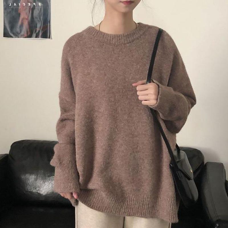Large Size Sweater Women Korean Version Loose Solid Color Round Neck Pullover Long Sleeve Sweater Top Ins