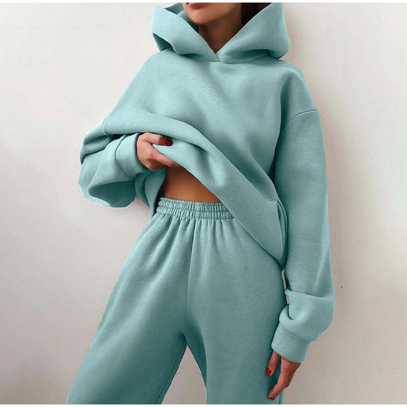 2PCS Women's Tracksuit Solid Hooded Sport Suits Autumn Warm Hoodie Casual Long Sleeve Sweatshirts and Long Pant Fleece Two Piece Sets