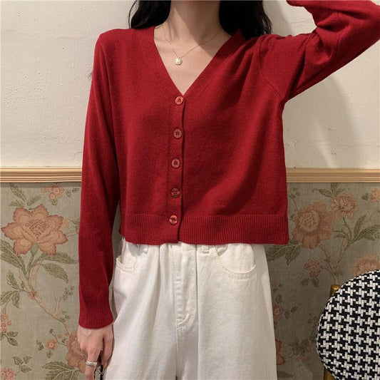 Spring and Autumn Style V-neck Cardigan Short Long Sleeve Top Jacket Thin Sweater Knitwear Women's Trend