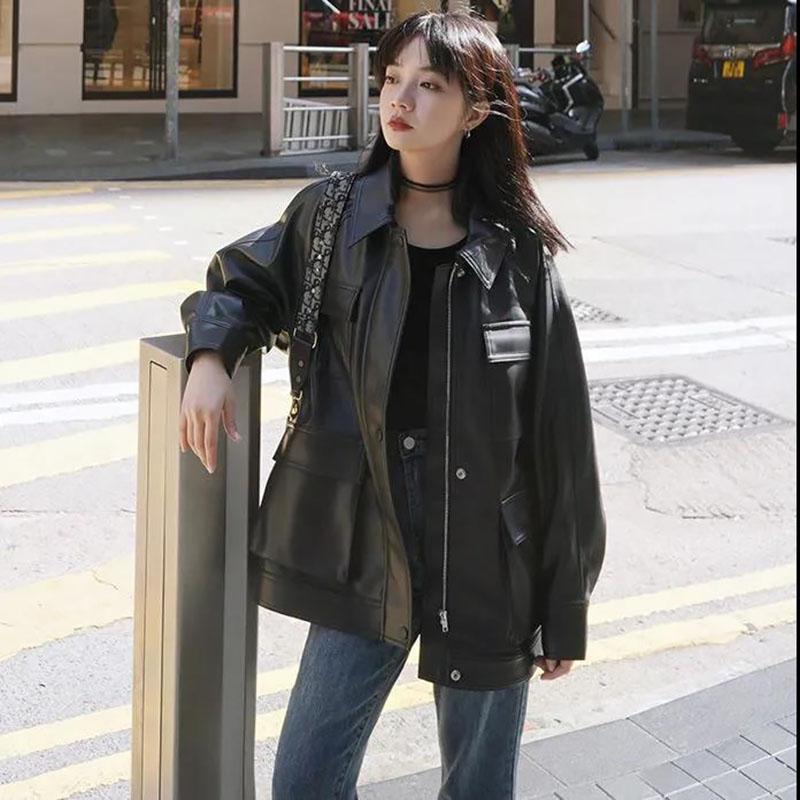 Autumn and Winter Leather Jacket Retro Loose Motorcycle Jacket Plus Velvet Thickening Mid-length Women's Leather Jacket