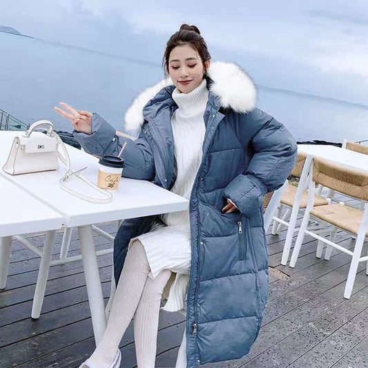 Winter Fluffy Fur Collar Hooded Padded Jacket Women's Mid-length Loose and Versatile Thickened Warmth and Thin Down Padded Jacket