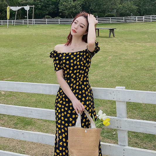 Women's Summer Floral Dress Square Neck Puff Sleeves Thin Mid-Length Skirt