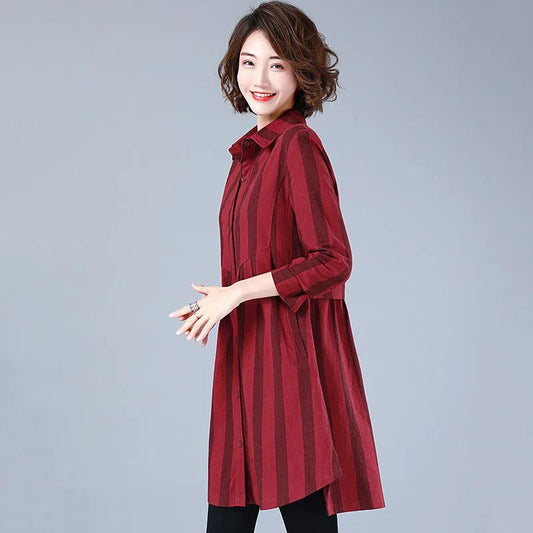 Long-sleeved All-match Plus Size Women's Striped Shirt Mid-length Shirt Temperament Top