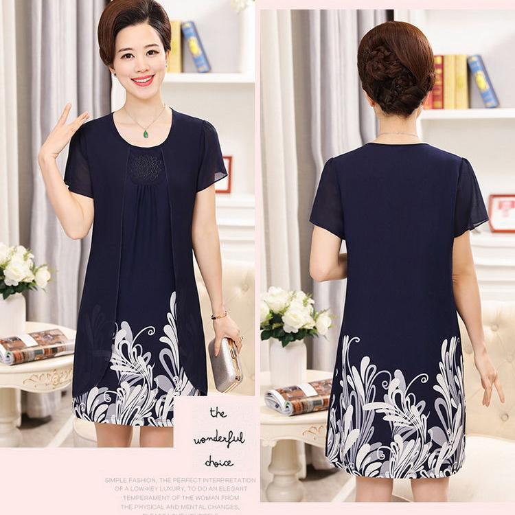 XL-XXXXXXL Middle-aged Women Summer Printed Plus Size Skirt Mother's Dress Mid-length Chiffon Yarn