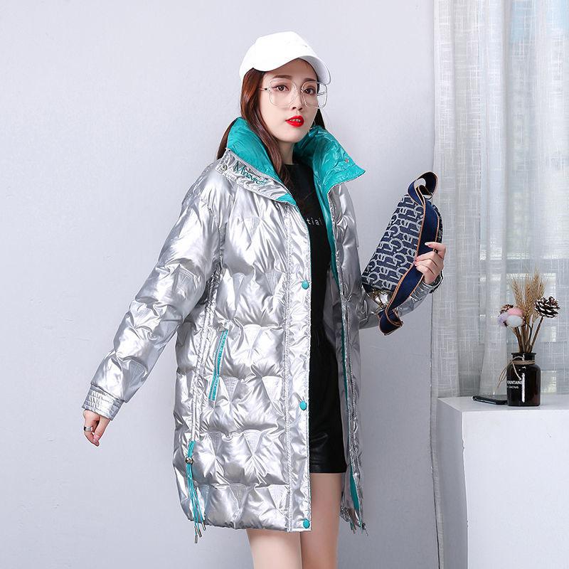 Shiny Winter Jacket Women Mid-length Stand-up Collar Thick Warm Loose Padded Jacket Windproof Drawstring Ladies Coats