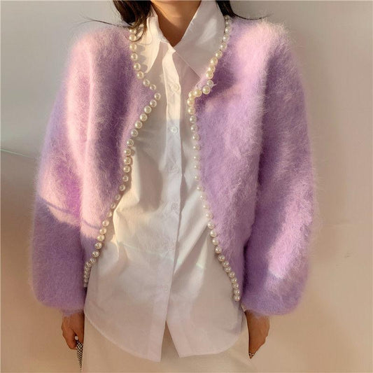 Women's Coat Cardigan Jacket Spring and Autumn Pearl Knitted Sweet Super Fairy Lantern Sleeve Imitation Mink Fleece Sweater
