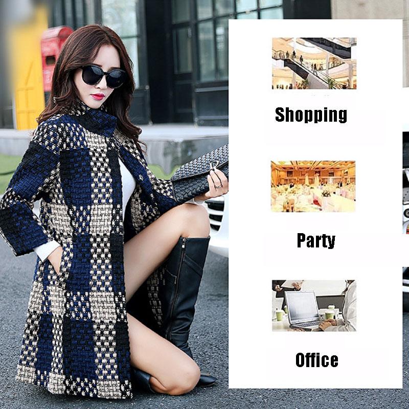 Women's Woolen Coat Winter Autumn Winter Mid-length Slim-fit Large Size Plaid Coat Stand Up Collar Tweed Jacket