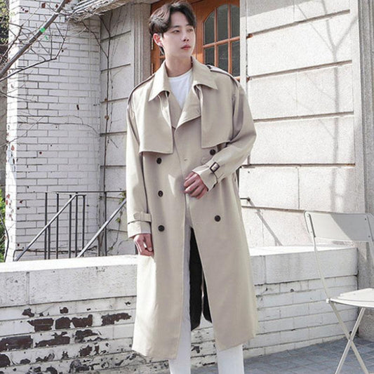 Spring & Fall Men Windbreaker Casual Loose Coat Solid Color Button Jacket Trend Parka Long