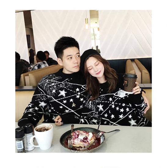 Couple Sweater Winter Cute Star Print O-neck Loose Knitwear Retro Unisex Pullover Jumper