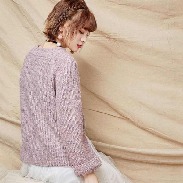 Autumn and Winter Loose and Simple Curled Long-sleeved Round Neck Solid Color Was Thin and All-match Pullover Student Sweater Women