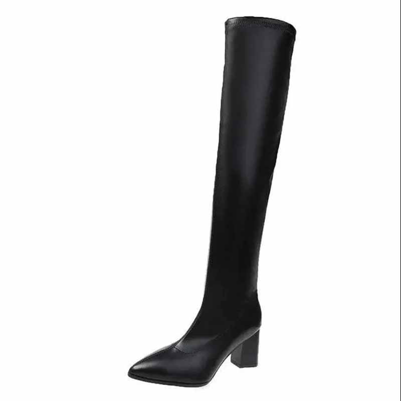 Over-the-knee Boots Women's Pointed Toe Leather Boots Autumn and Winter High-heeled Thick Heel Stretch Stovepipe Boots