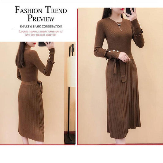 Spring and Autumn Jacket Long Sleeve Round Neck Casual Clothes Fashion Casual Pure Color Sweater Dress