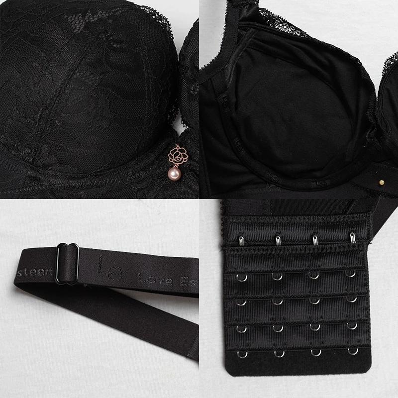 Ladies Sexy Lace Thick Padded Cup Underwear Women's Comfortable Adjustable Steel Ring Gathering Bra Female Elegant Lace Mesh Diamond Straps Brassiere
