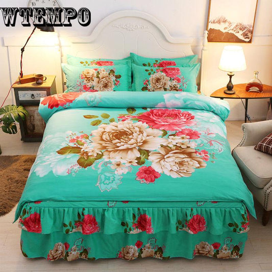 Simple Style Printing Bedspread Cotton Bed Skirt Pillowcase Bedding Bed Sets Queen King Size
