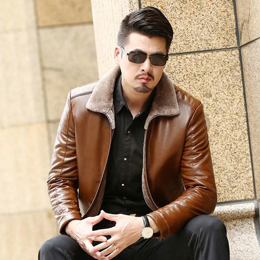 Business Casual Men's Leather Jacket Fur One Plus Velvet Thick Leather Jacket Jacket Middle-aged Father Winter Clothing