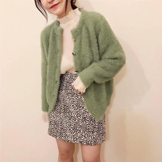 Women Faux Mink Cashmere Lazy Loose Crew Neck Sweater Knitted Cardigan Button Coat