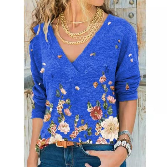 Women's Clothing Autumn and Winter Fashion Ladies V-neck Flower Print Long-sleeved Casual Loose T-shirt Plus Size
