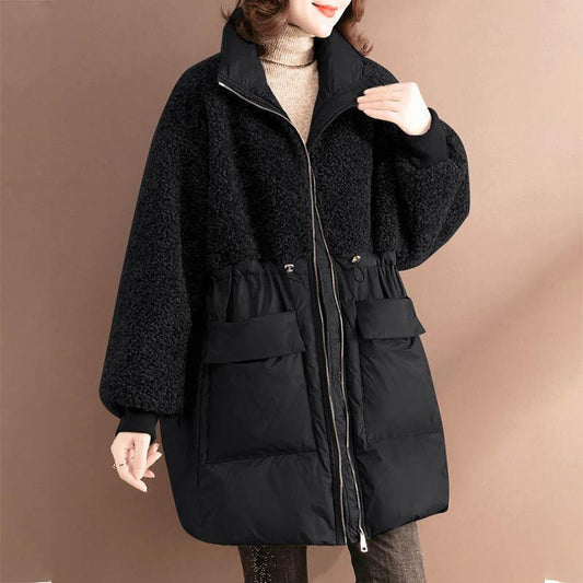 Women's Mid-length Fashion Lamb Wool Cotton-padded Jacket Loose Plus Size Warm Cotton-padded Jacket Women