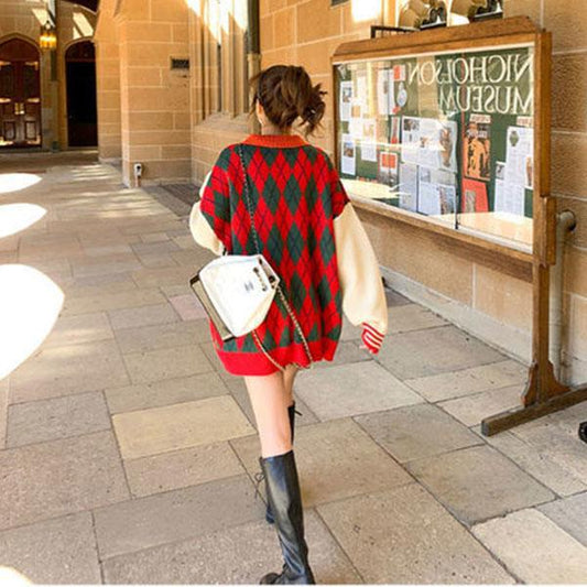 Red Sweater Women Loose Pullover Student Knit Sweater Students All-match Casual Lapel Diamond Print Knitted Sweater Outer Wear Autumn Winter