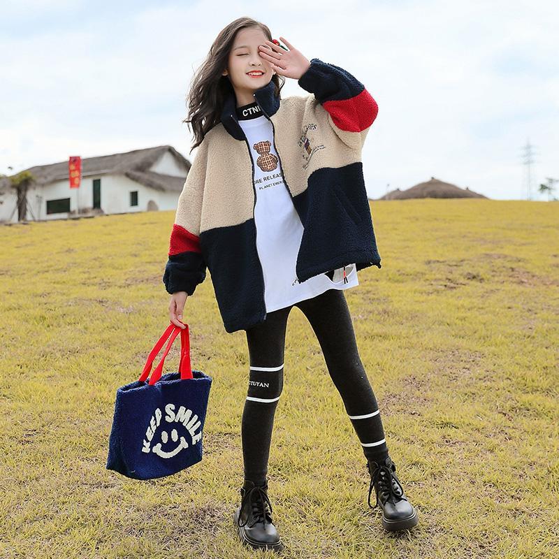 Girls' Warm and Windproof Winter Clothes Plus Cotton Padded Jacket Lamb Wool Korean Children's Top