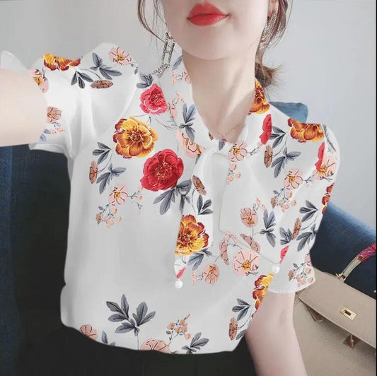 Floral Blouse Women Fashion Korean Tops Summer Short Sleeve Blouses Plus Size